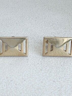 Vintage Cut Out Pyramid Cuff Links 60s AVON Gold Tone Metal Rectangle Cufflinks